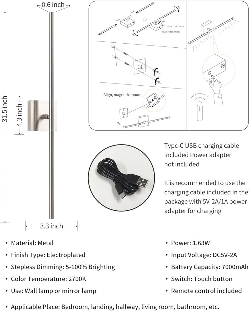 KDG Cordless Wall Sconces Set of 2, Wireless 5200mAh Rechargeable Battery Operated LED Wall Lamps with Remote, 360° Rotate Lightings for Wall Painting, Bedroom, Hallway, Night Light 31.5 inch (Nickel) - Image 4